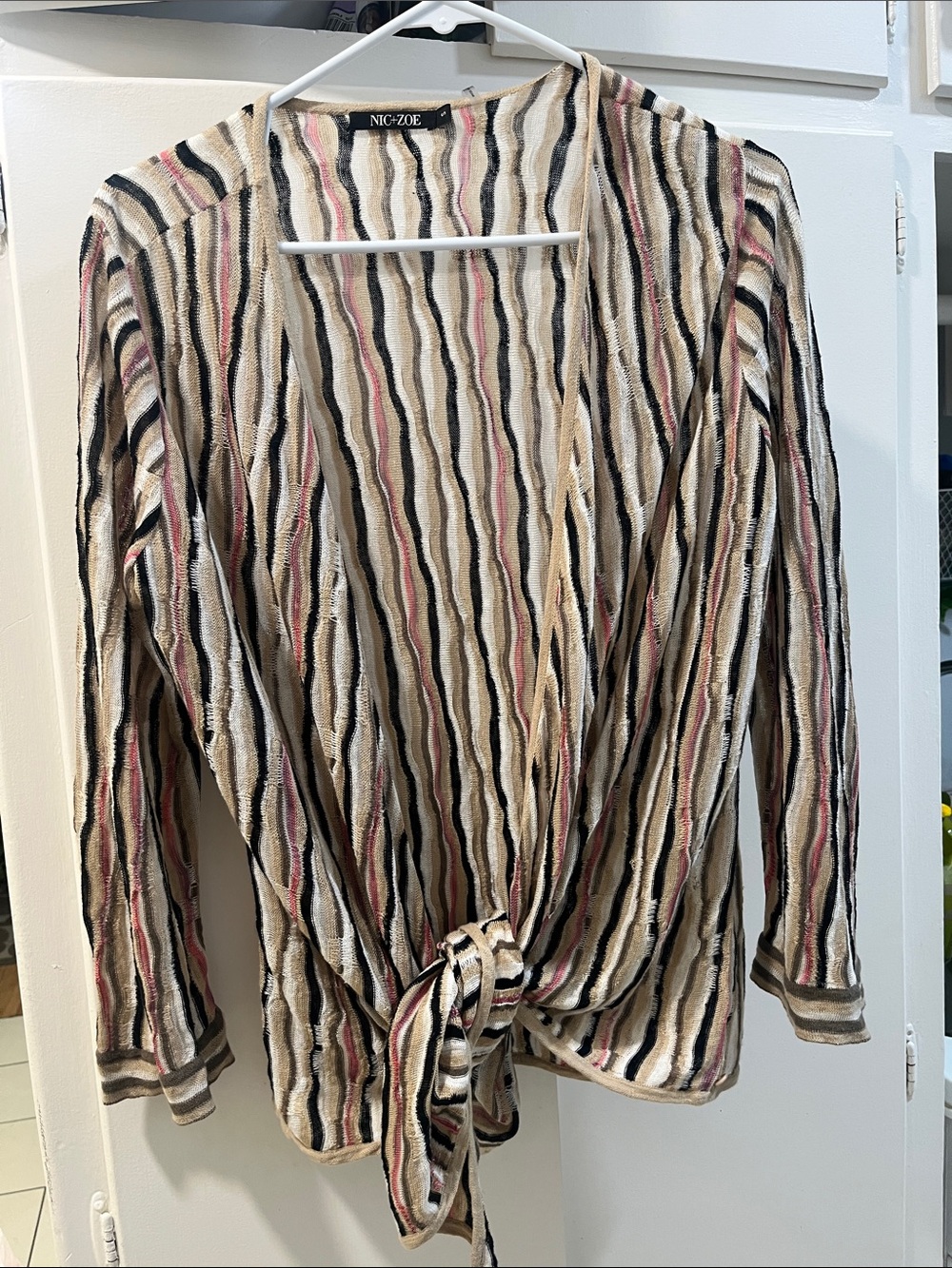 NIC+ZOE Beige, Black and Pink Striped Tie-Front Blouse